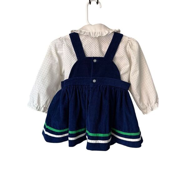 Vintage Baby Girl Navy Blue Corduroy Jumper/Dress & Polka Dot Collard Blouse - Picture 4 of 13